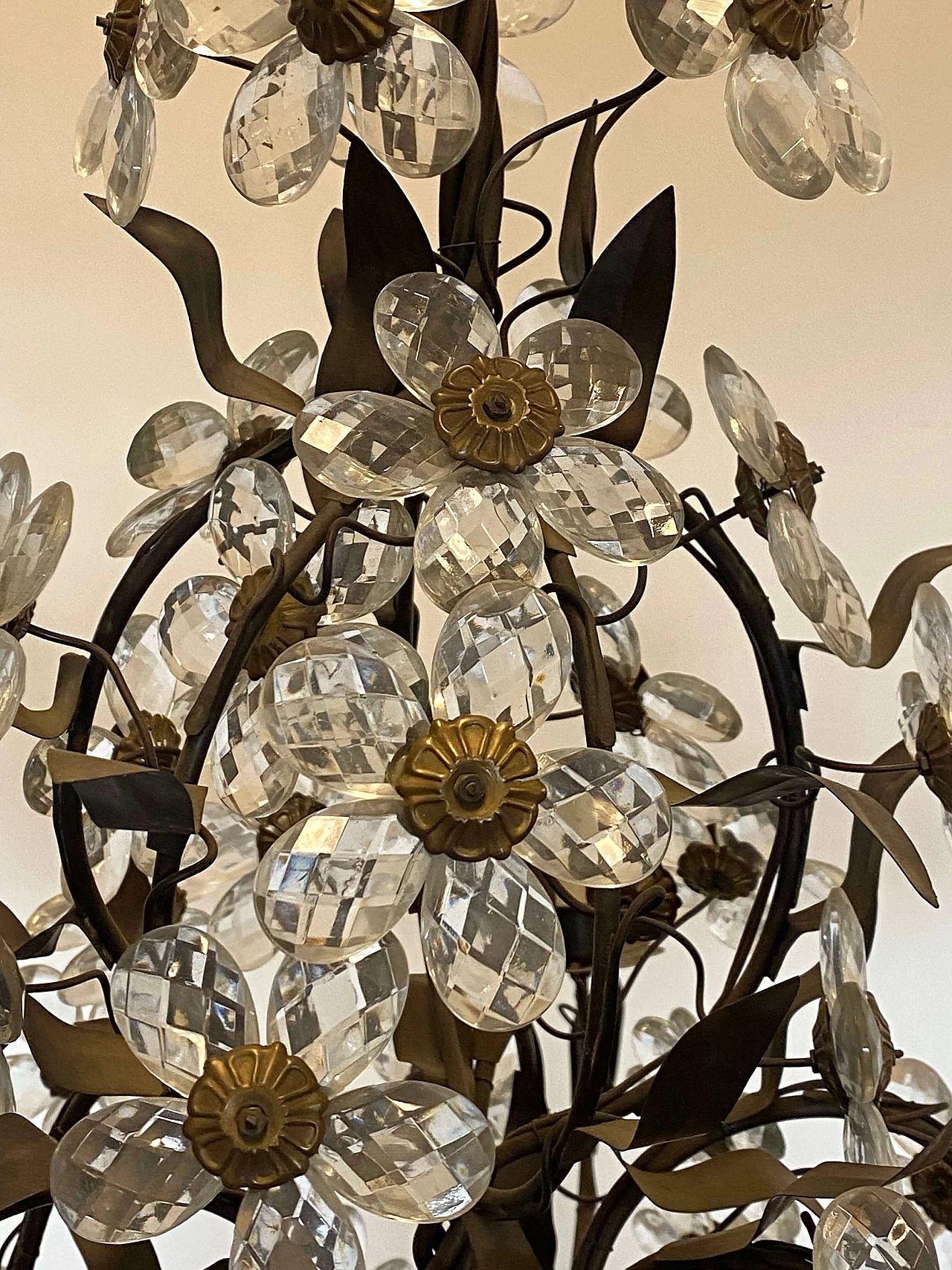 Metal, brass and burnished bronze chandelier with glass flowers, 1960s 4