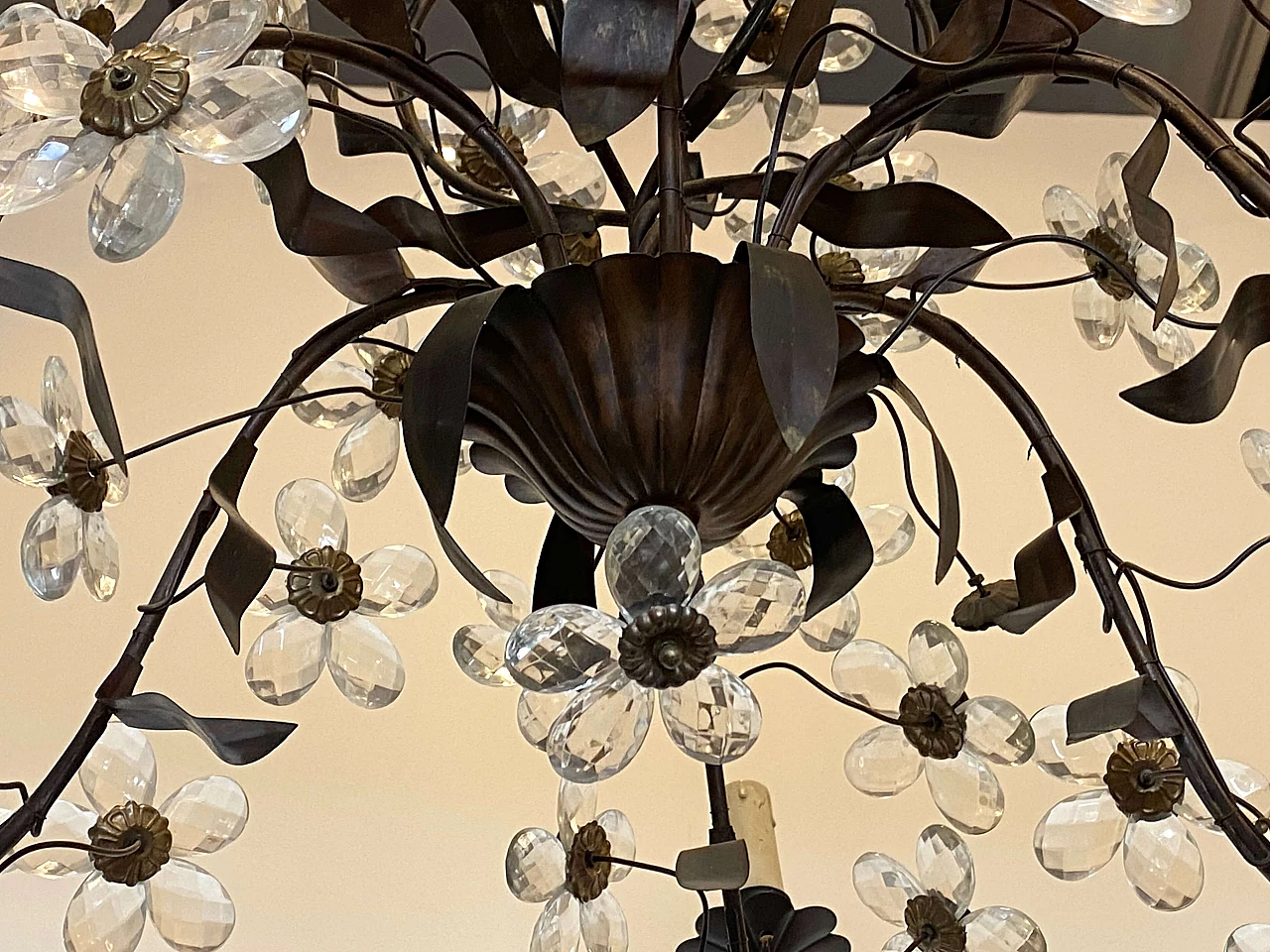 Metal, brass and burnished bronze chandelier with glass flowers, 1960s 5
