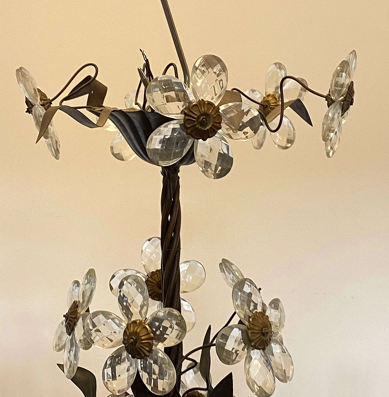 Metal, brass and burnished bronze chandelier with glass flowers, 1960s 6