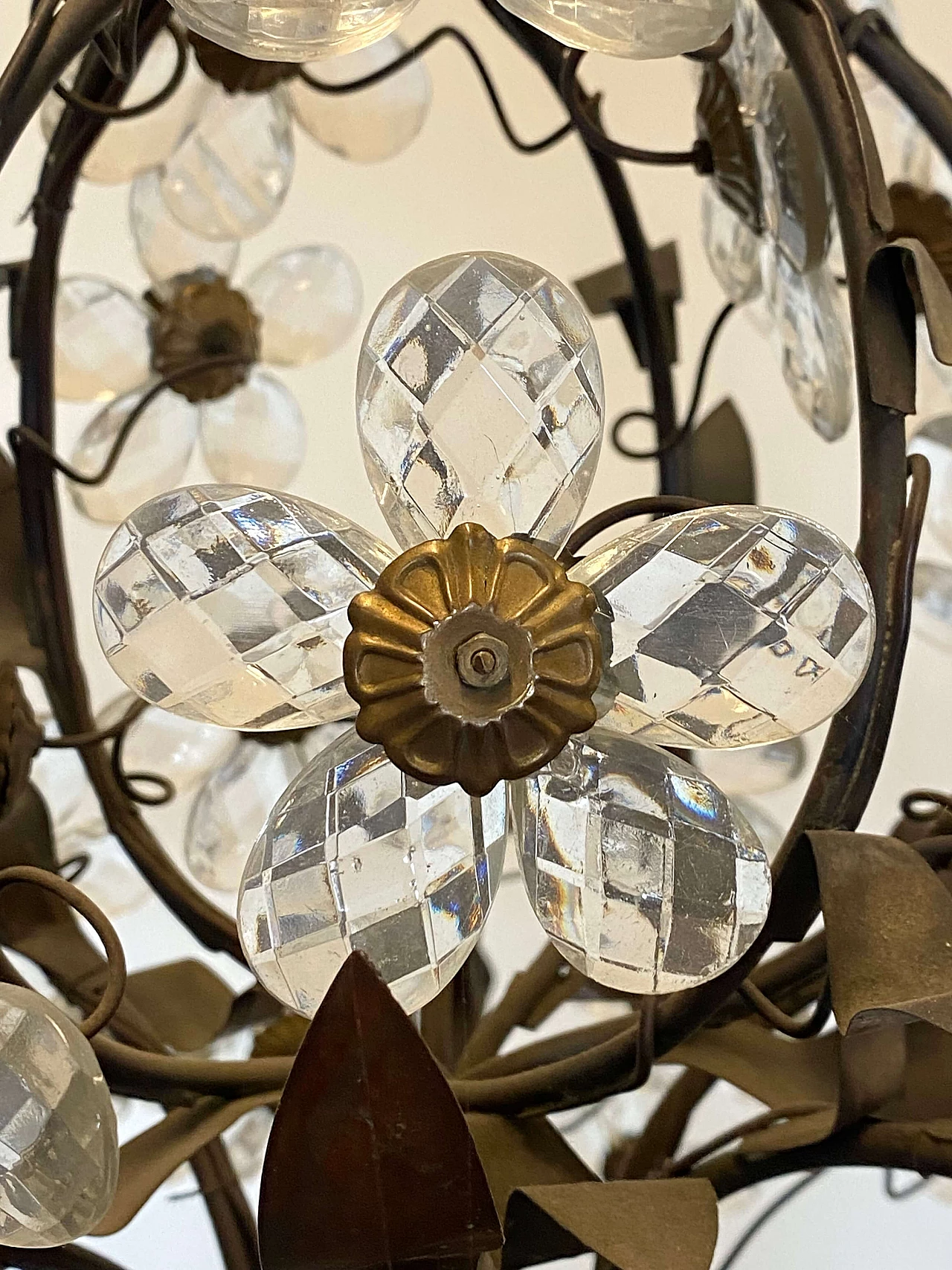 Metal, brass and burnished bronze chandelier with glass flowers, 1960s 7
