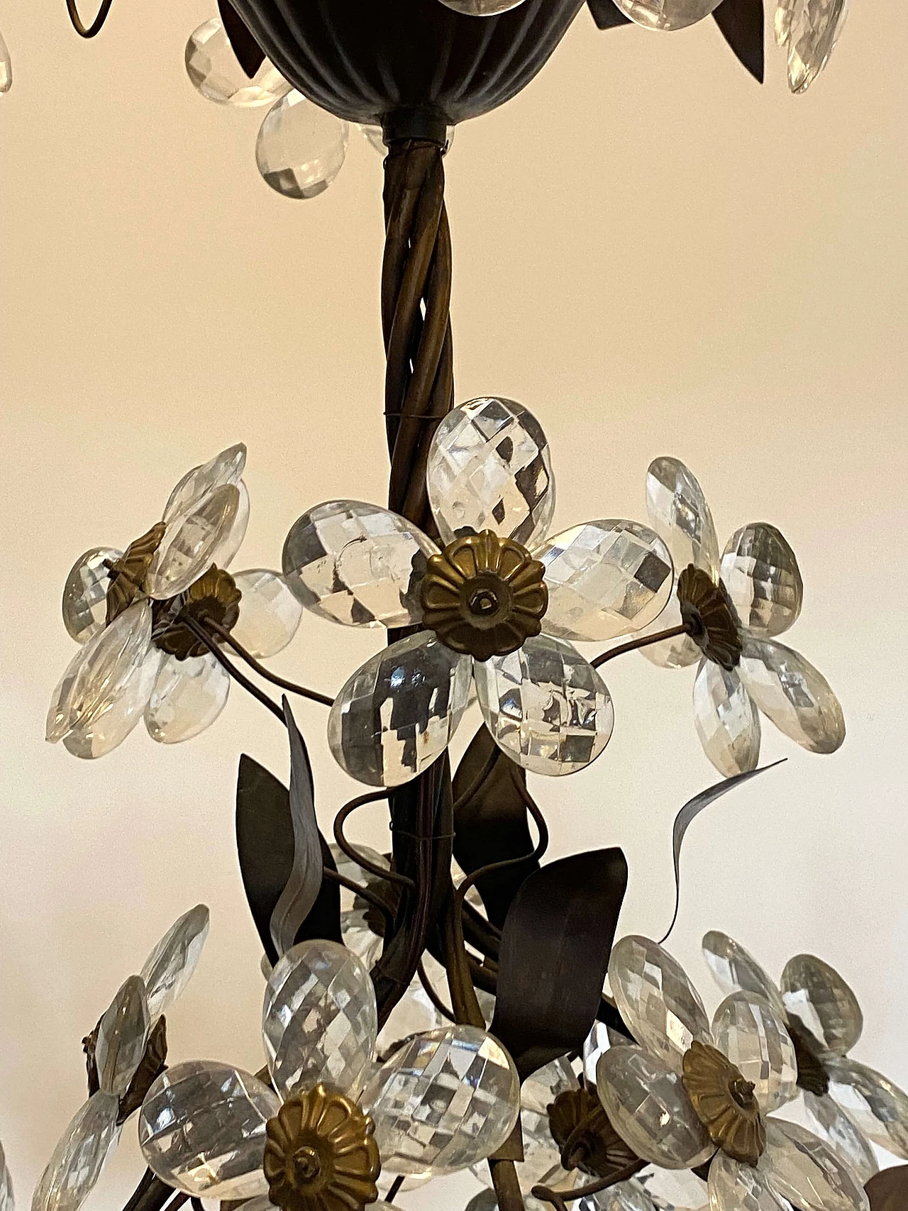 Metal, brass and burnished bronze chandelier with glass flowers, 1960s 8