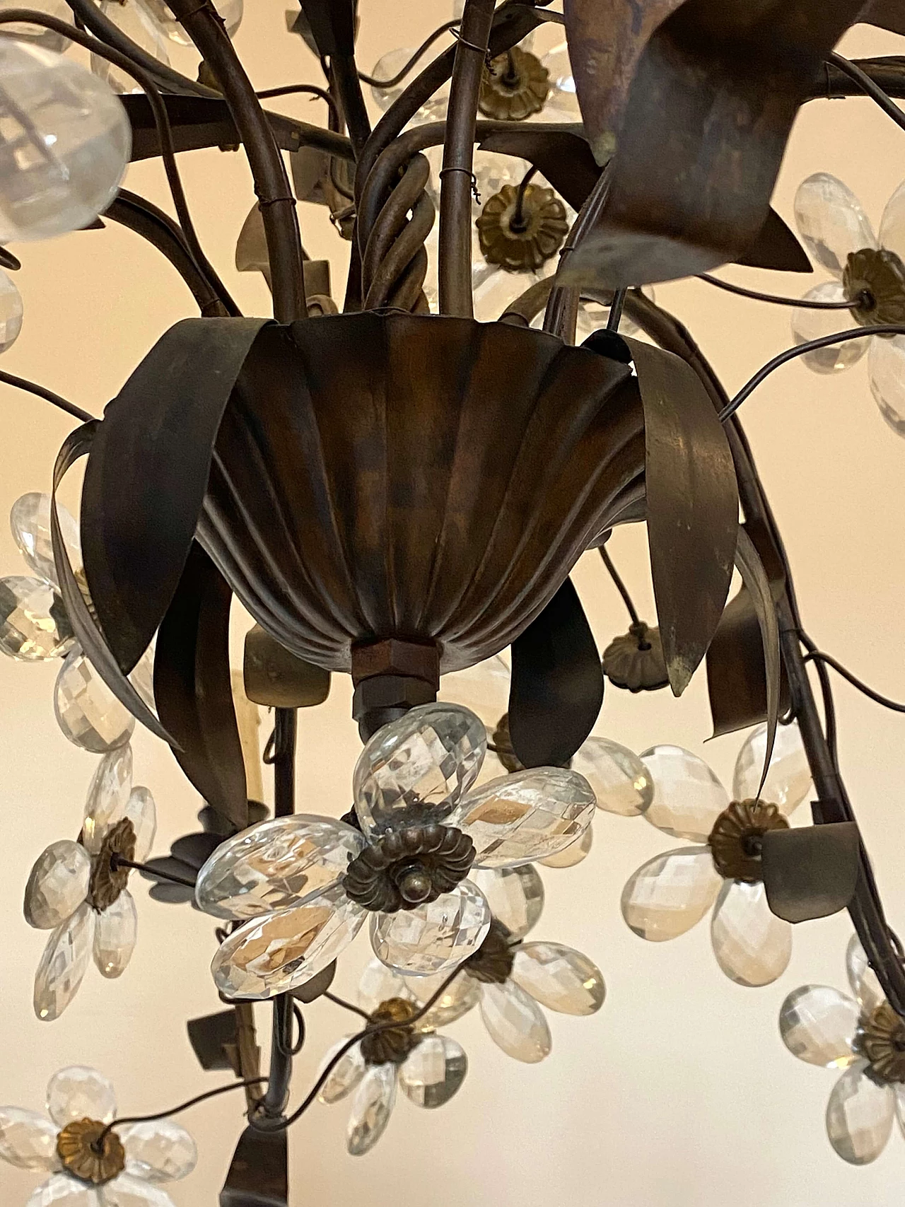 Metal, brass and burnished bronze chandelier with glass flowers, 1960s 9