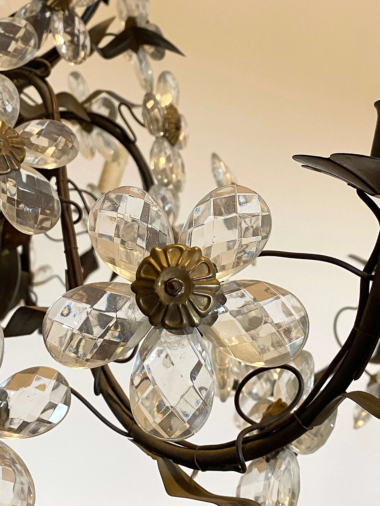 Metal, brass and burnished bronze chandelier with glass flowers, 1960s 10