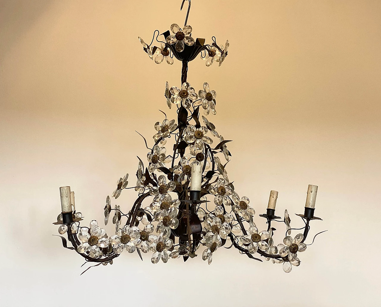 Metal, brass and burnished bronze chandelier with glass flowers, 1960s 11