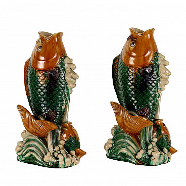 Pair of fish-shaped polychrome ceramic vases, 1970s