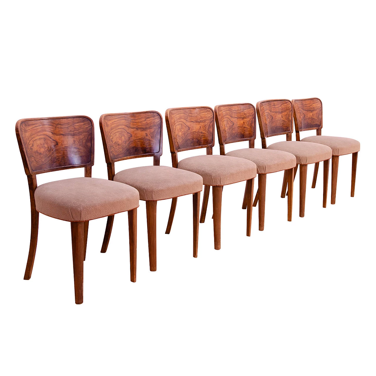 6 Czechoslovakian Art Deco walnut and fabric chairs, 1930s 1