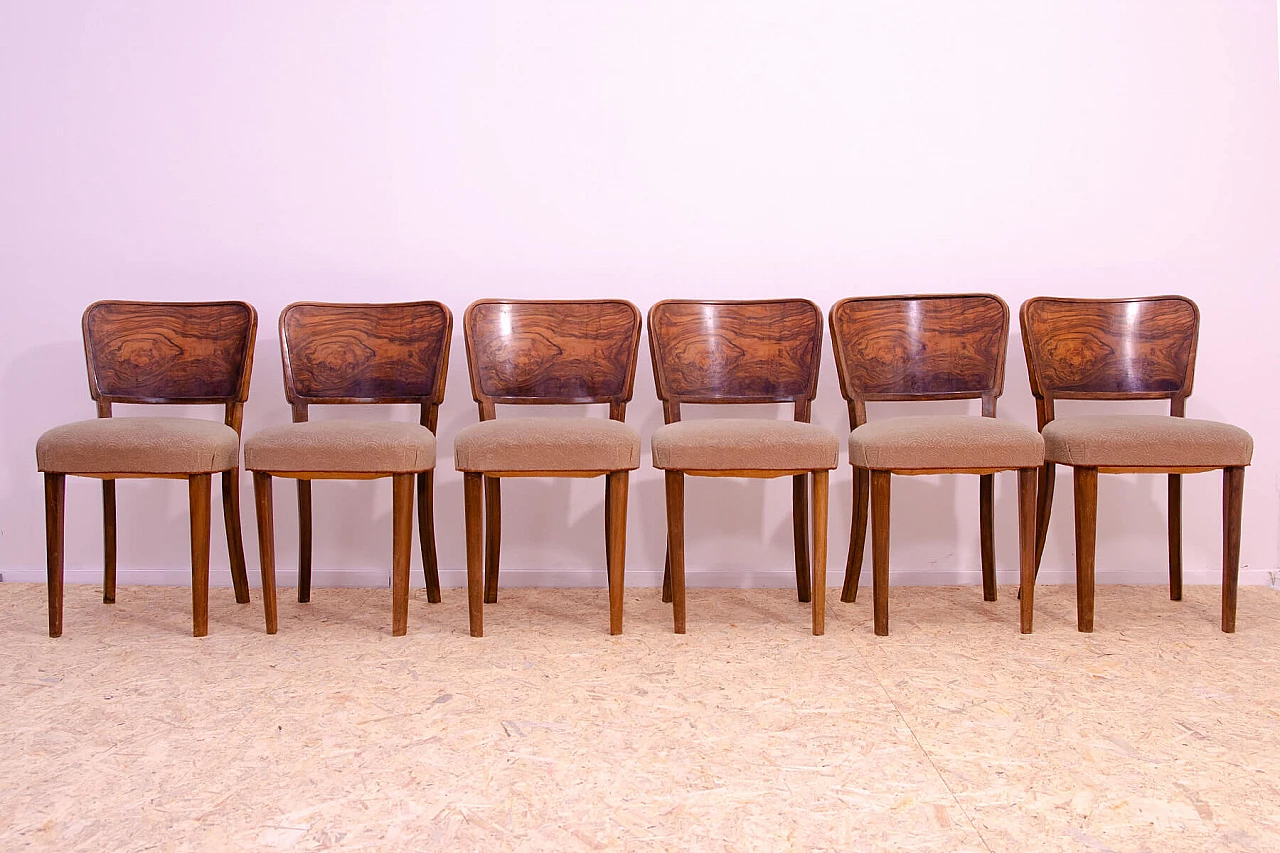 6 Czechoslovakian Art Deco walnut and fabric chairs, 1930s 2