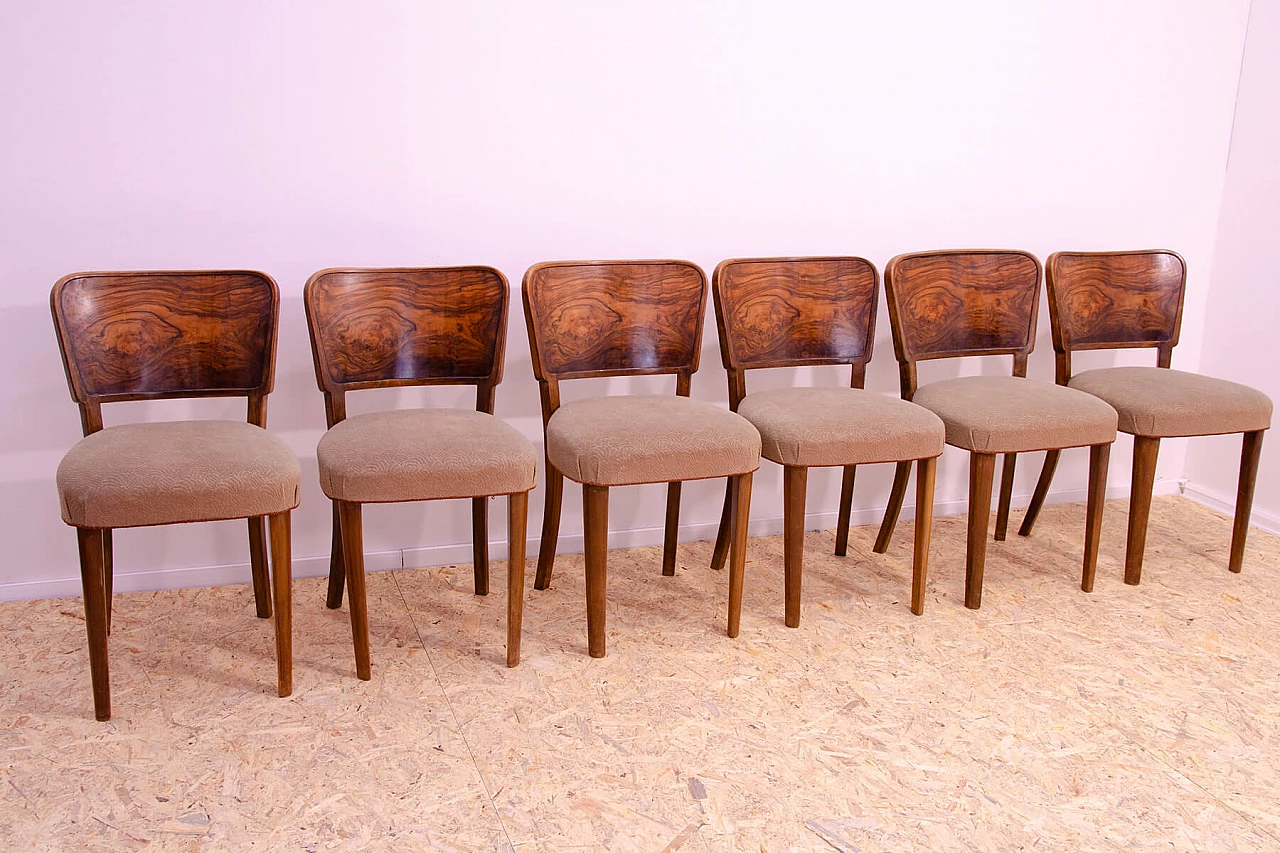 6 Czechoslovakian Art Deco walnut and fabric chairs, 1930s 3