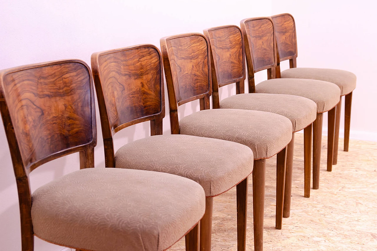 6 Czechoslovakian Art Deco walnut and fabric chairs, 1930s 4