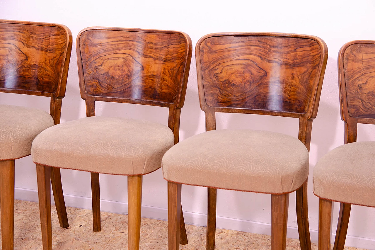 6 Czechoslovakian Art Deco walnut and fabric chairs, 1930s 6