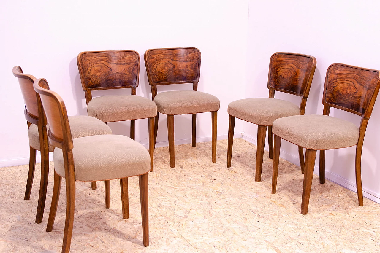 6 Czechoslovakian Art Deco walnut and fabric chairs, 1930s 8
