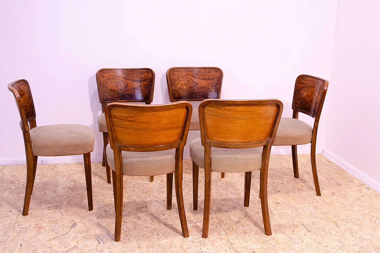 6 Czechoslovakian Art Deco walnut and fabric chairs, 1930s 9