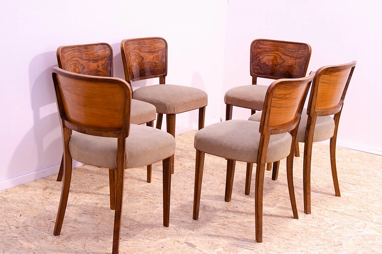 6 Czechoslovakian Art Deco walnut and fabric chairs, 1930s 10
