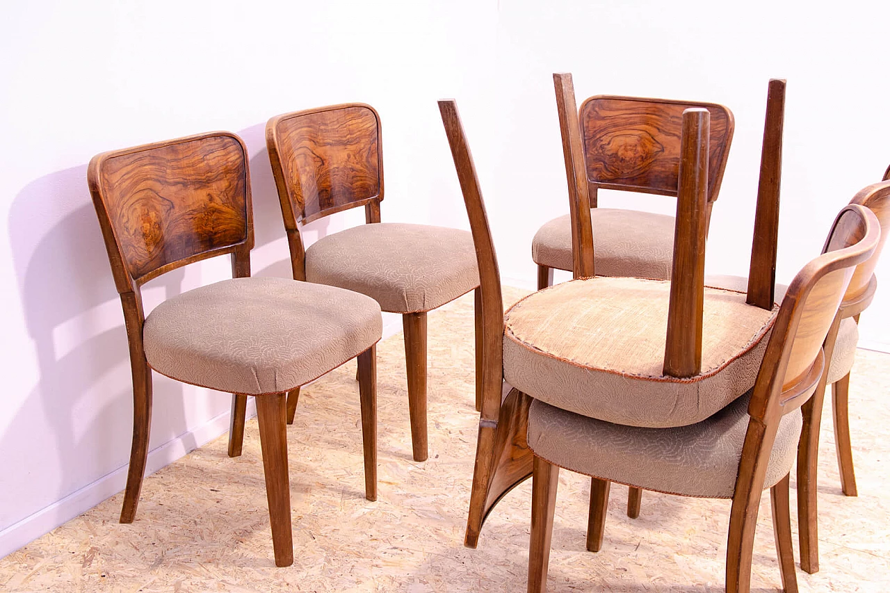 6 Czechoslovakian Art Deco walnut and fabric chairs, 1930s 11