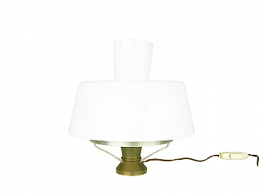 Brass and aluminium table lamp with opaline glass shade, 1950s