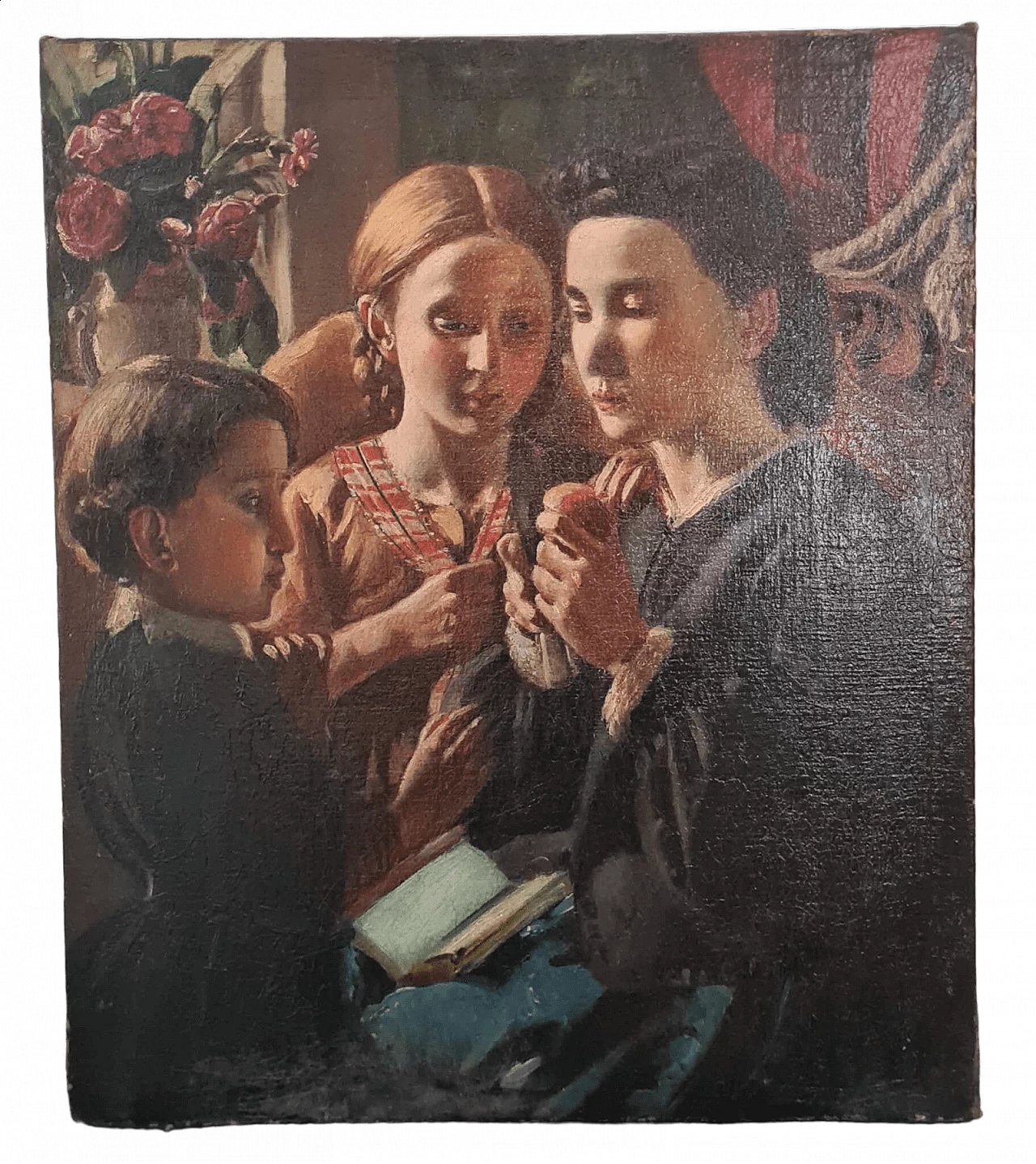 Interno con scena familiare, dipinto a olio su tela, inizio '900 8