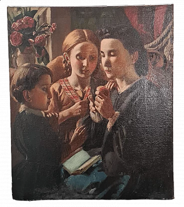 Interior with family scene, oil painting on canvas, early 20th century