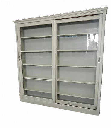 Green varnished spruce shop glass cabinet, 1950s