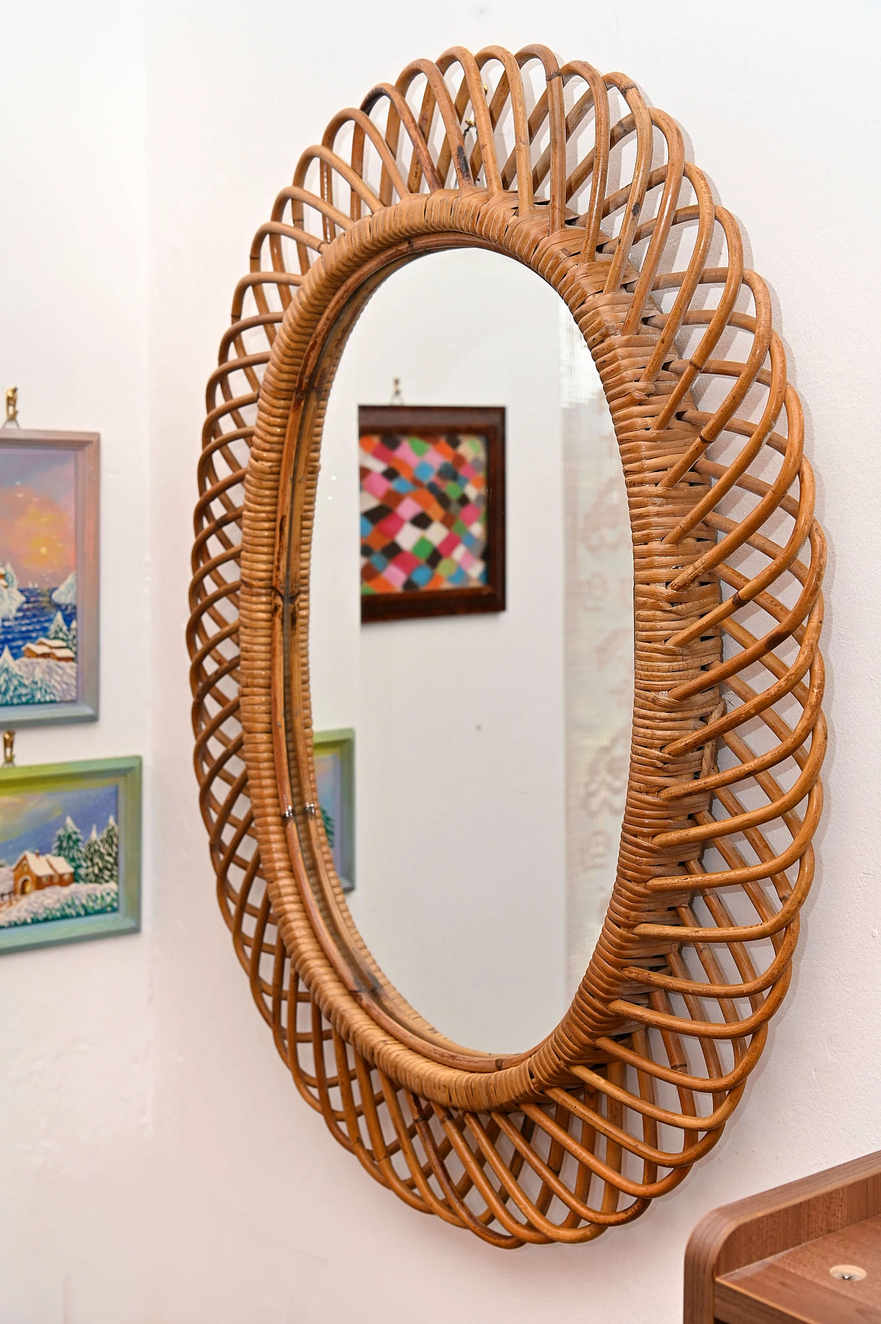 Specchio da parete ovale in bambù di Franco Albini, anni '70 3