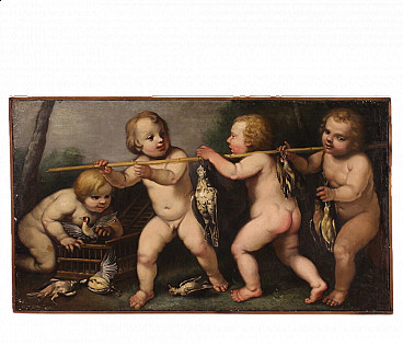 Playing putti with game, oil painting on canvas, second half of the 17th century