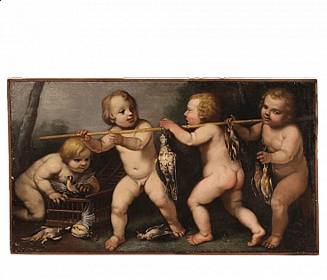 Playing putti with game, oil painting on canvas, second half of the 17th century