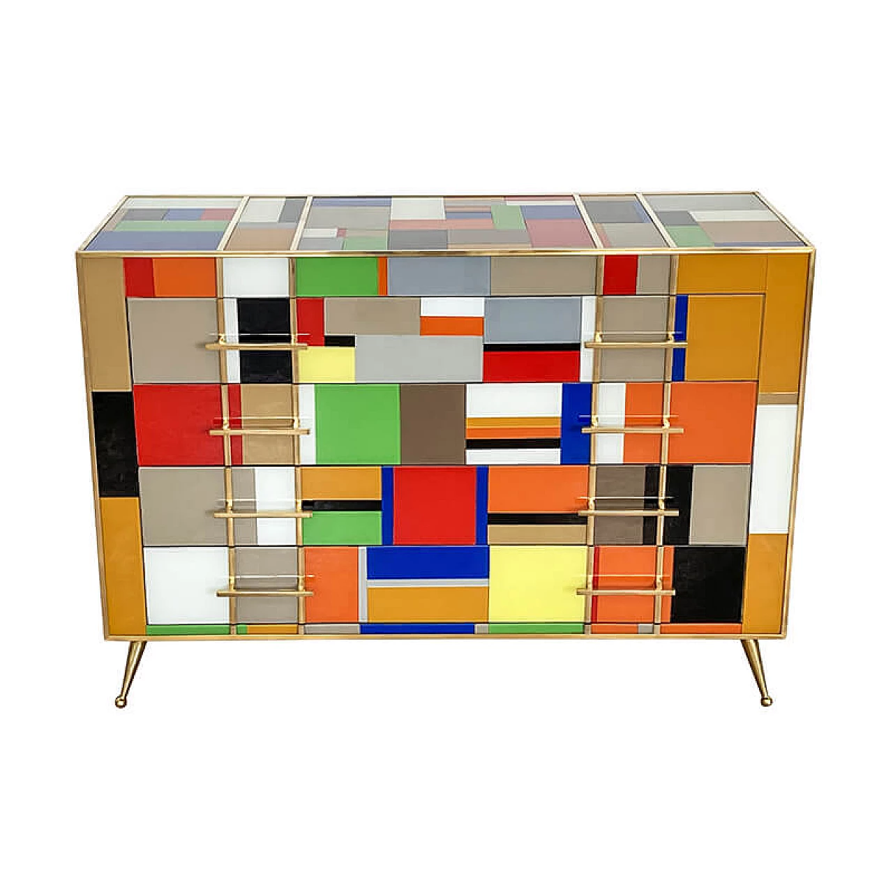 Multicolored Murano glass and brass chest of drawers, 1980s 1