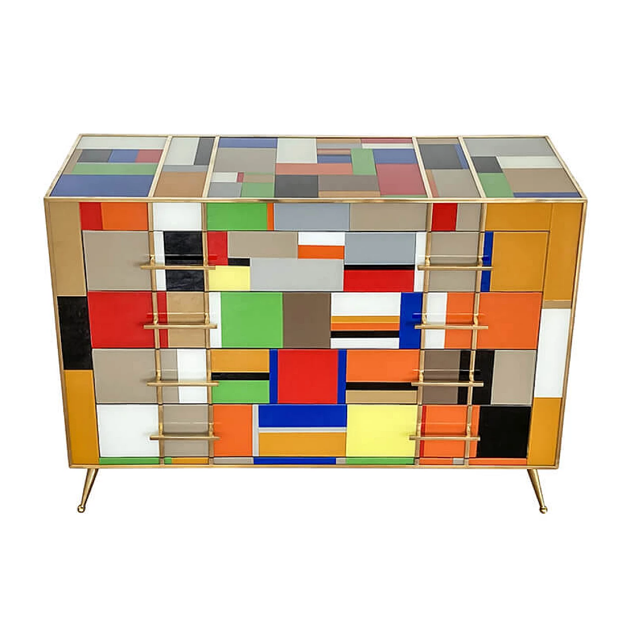 Multicolored Murano glass and brass chest of drawers, 1980s 2