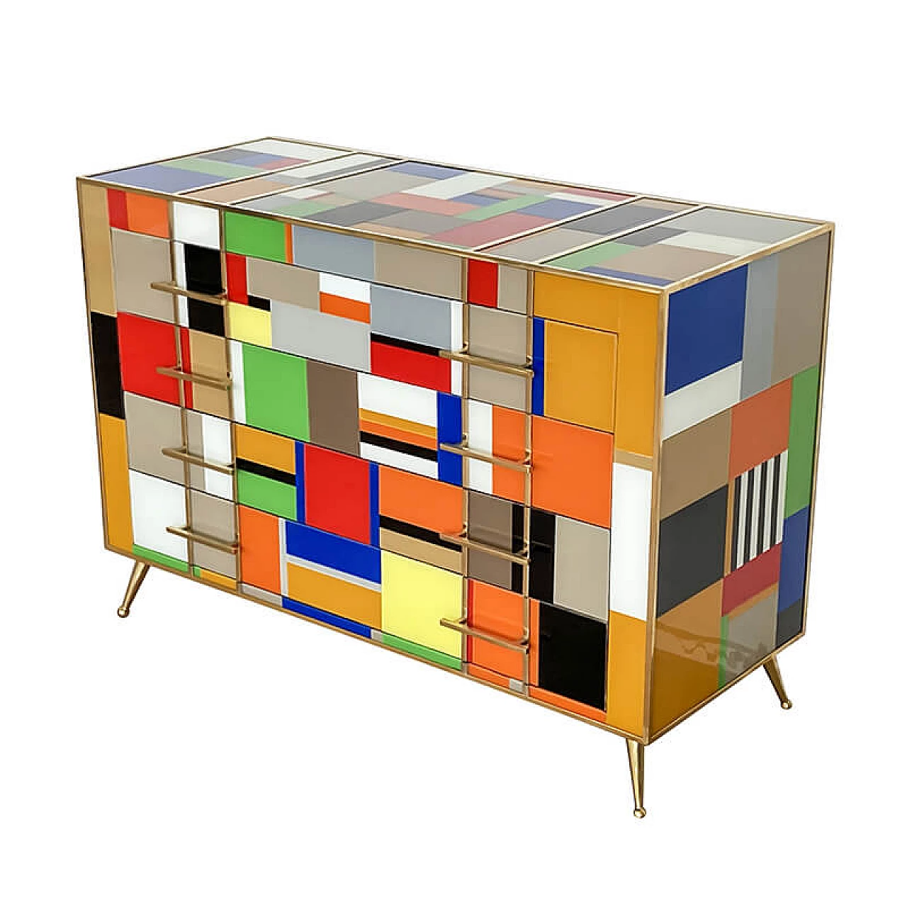 Multicolored Murano glass and brass chest of drawers, 1980s 3