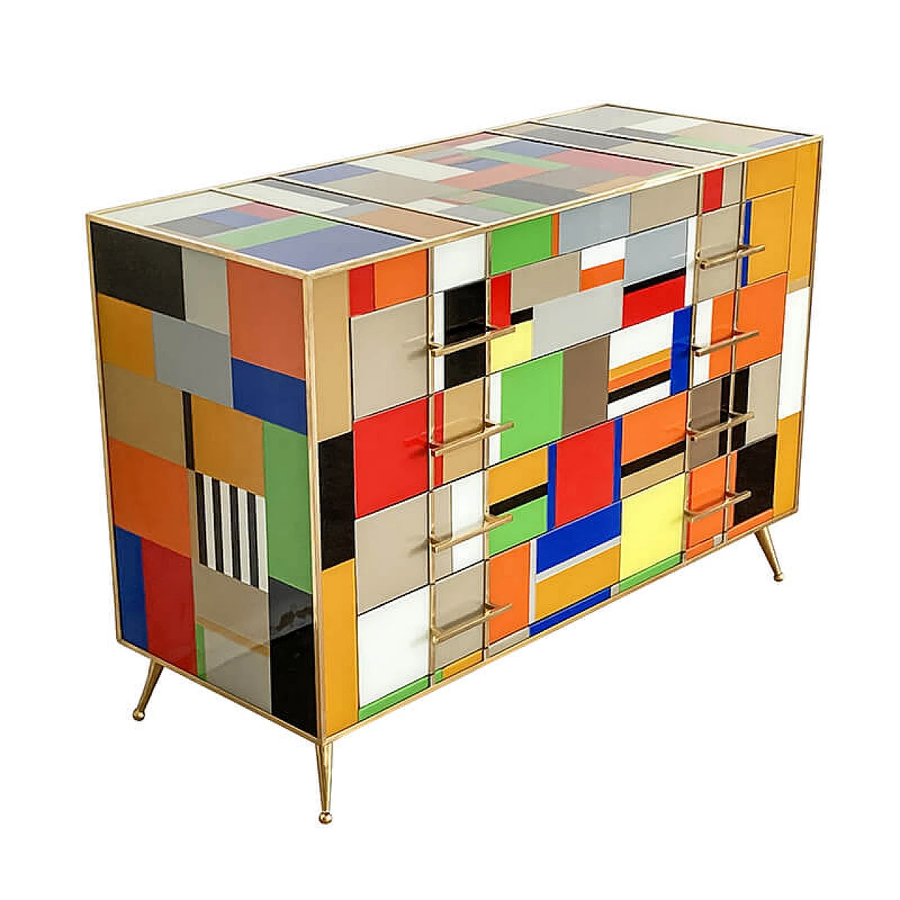 Multicolored Murano glass and brass chest of drawers, 1980s 4