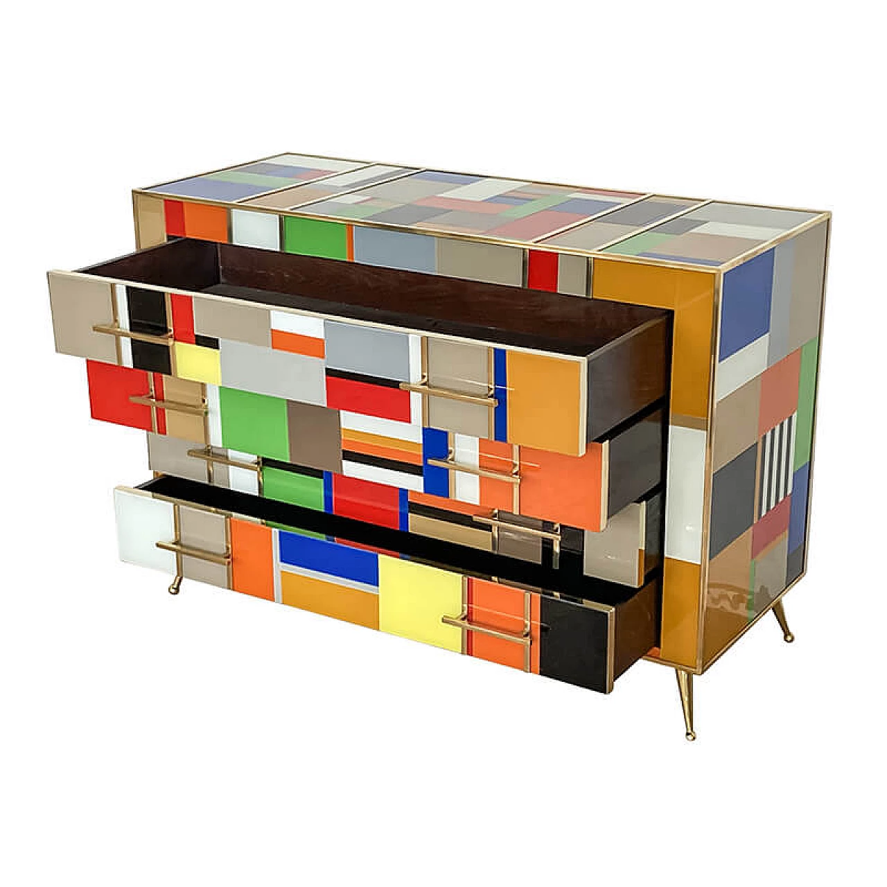 Multicolored Murano glass and brass chest of drawers, 1980s 5