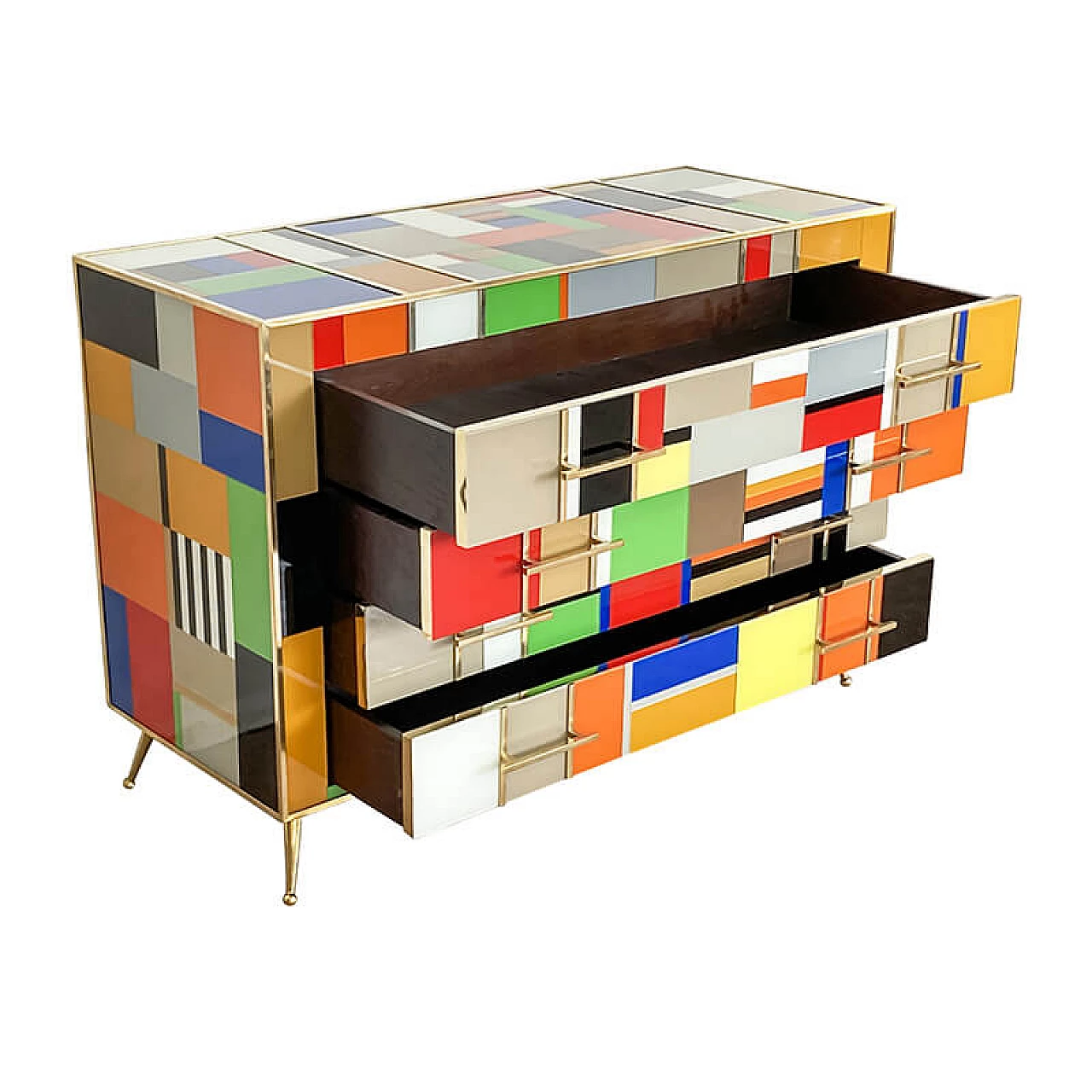 Multicolored Murano glass and brass chest of drawers, 1980s 6
