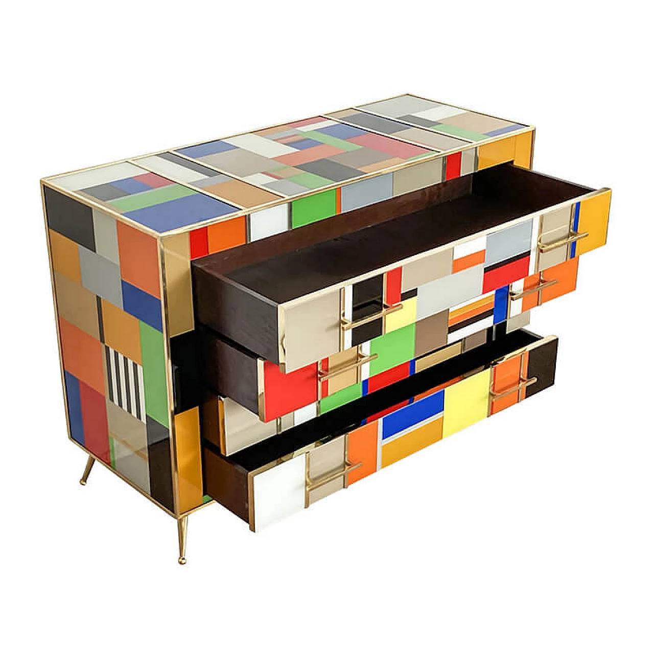 Multicolored Murano glass and brass chest of drawers, 1980s 7