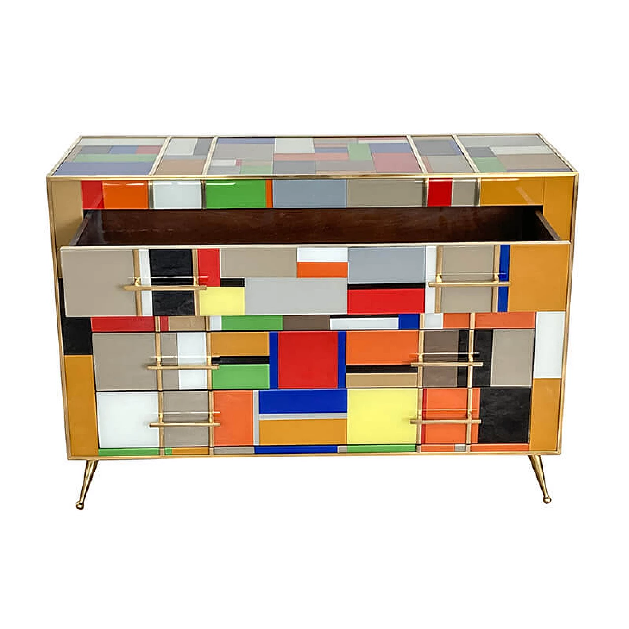 Multicolored Murano glass and brass chest of drawers, 1980s 8