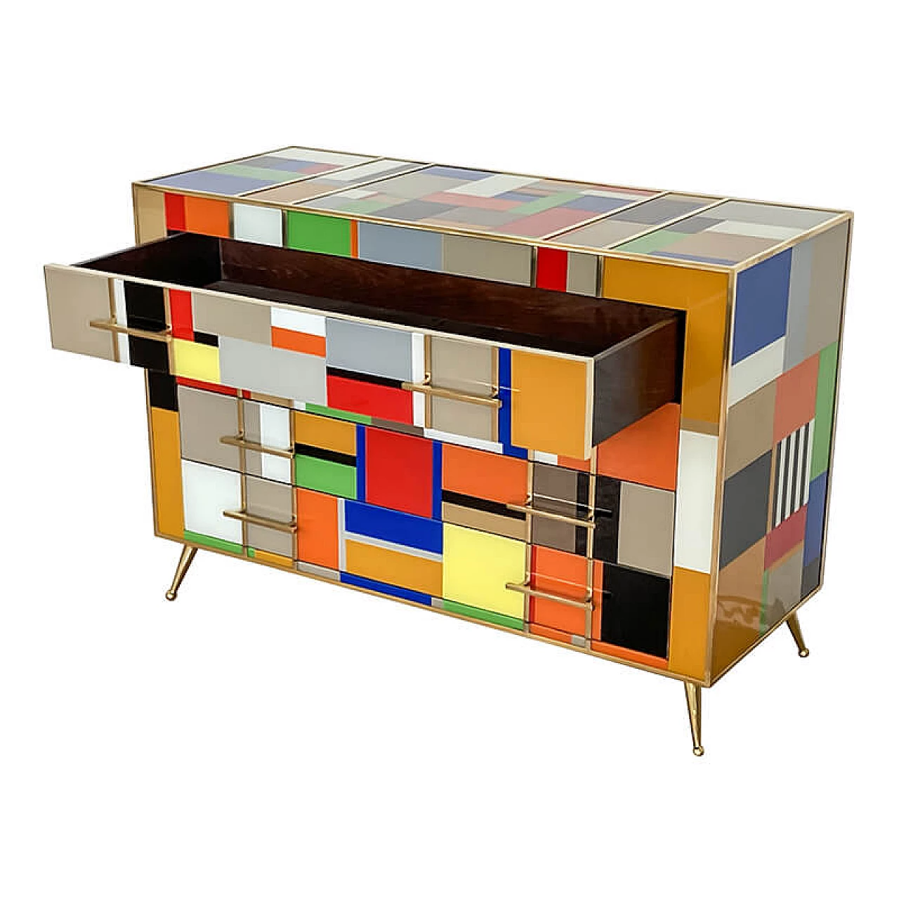 Multicolored Murano glass and brass chest of drawers, 1980s 9