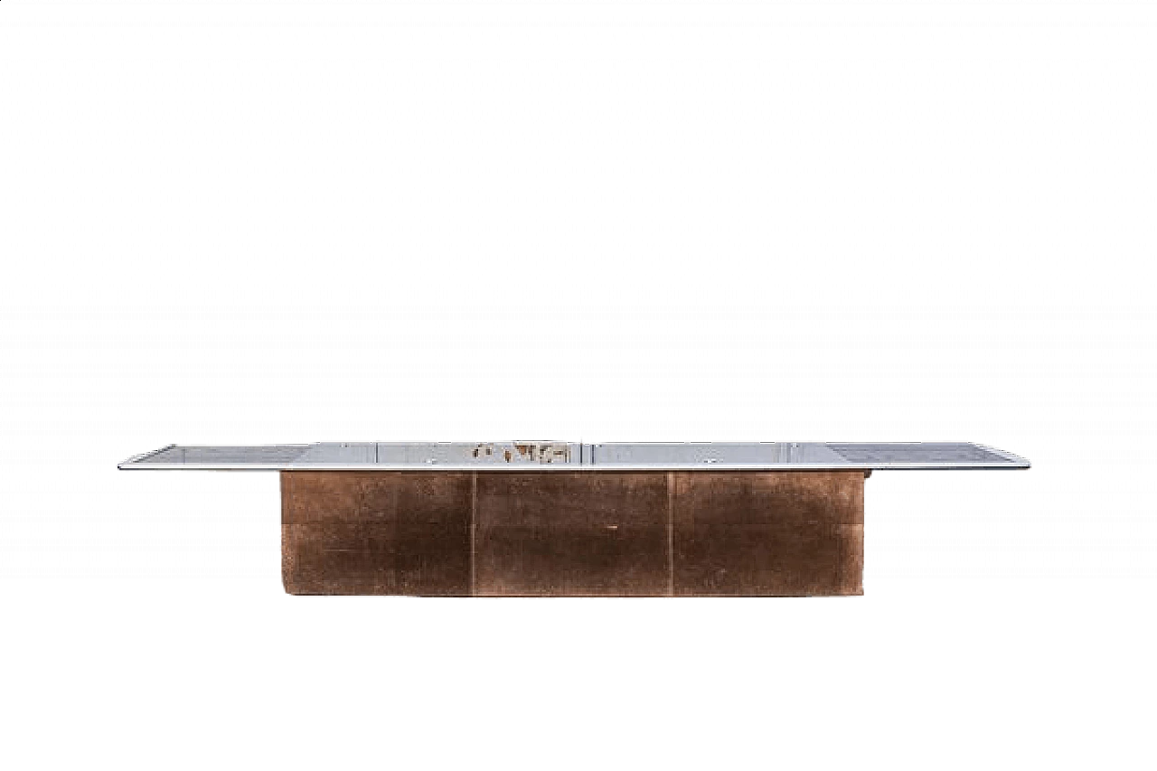 Credenza bassa in pelle scamosciata, vetro, legno e metallo cromato, anni '70 10