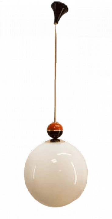 Brass and glass hanging lamp with coloured sphere, 1970s