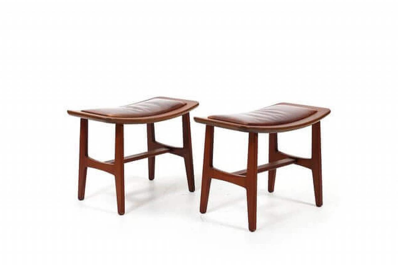 Pair of Danish solid teak and brown leather stools, 1960s 1