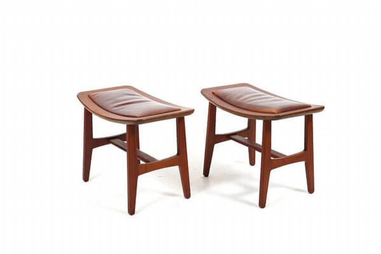 Pair of Danish solid teak and brown leather stools, 1960s 2