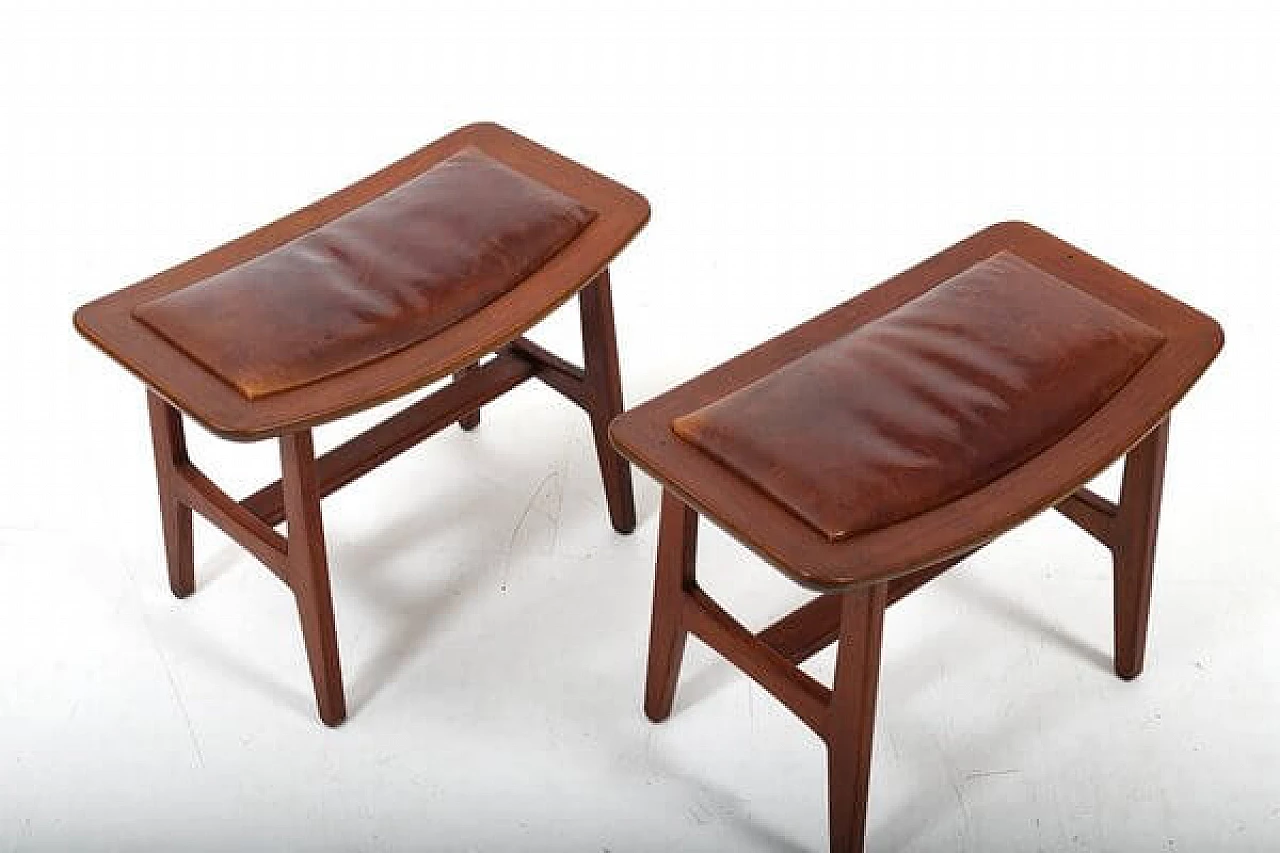 Pair of Danish solid teak and brown leather stools, 1960s 3