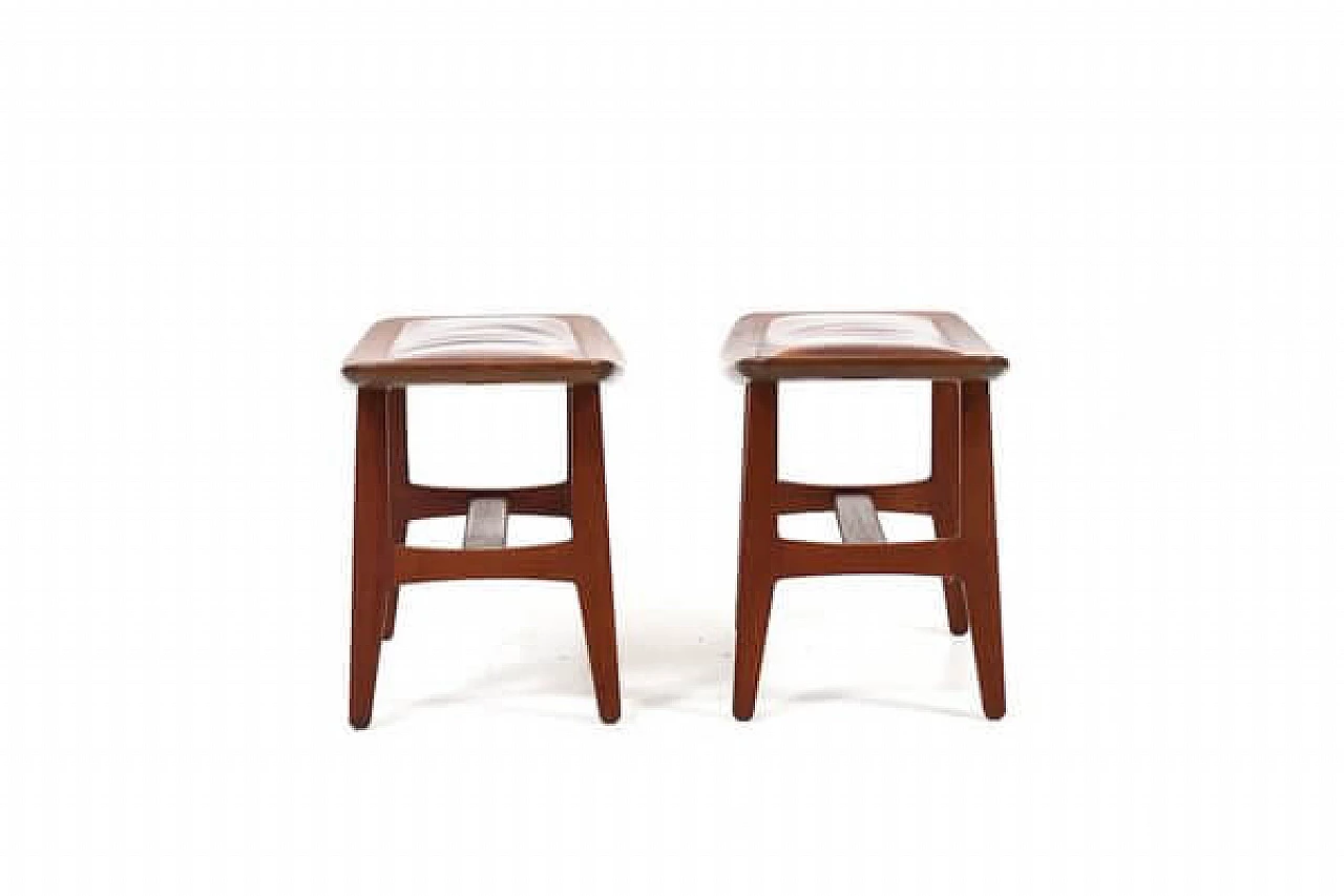 Pair of Danish solid teak and brown leather stools, 1960s 5