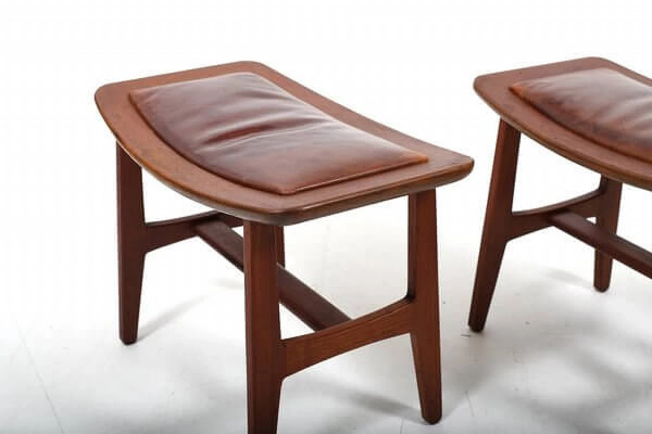 Pair of Danish solid teak and brown leather stools, 1960s 8