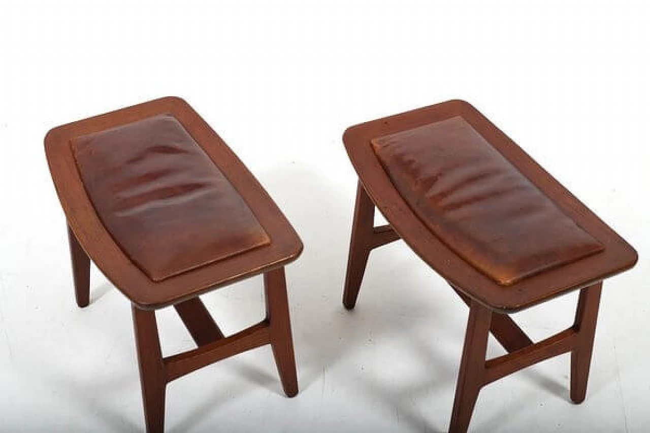 Pair of Danish solid teak and brown leather stools, 1960s 10