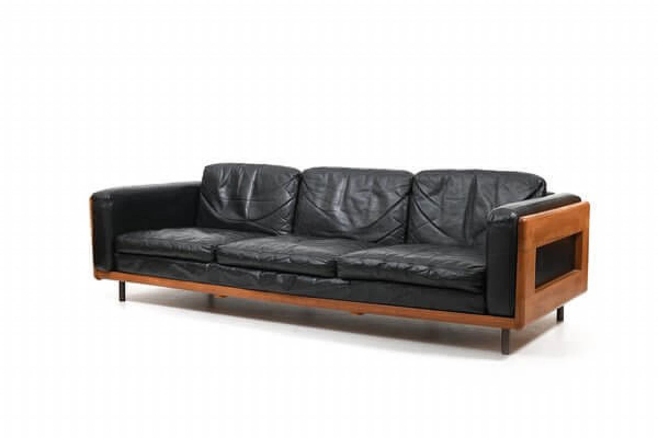 Danish solid oak and black leather sofa, 1960s 1