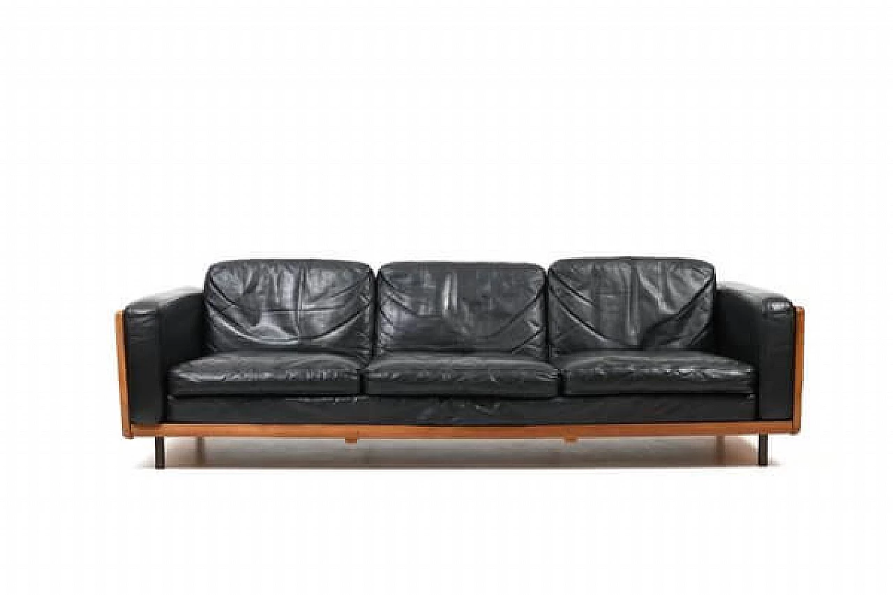 Danish solid oak and black leather sofa, 1960s 3