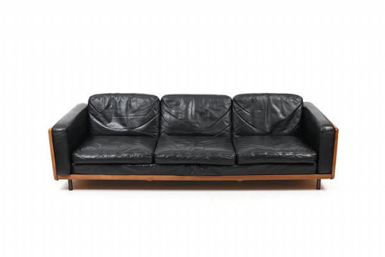 Danish solid oak and black leather sofa, 1960s 4