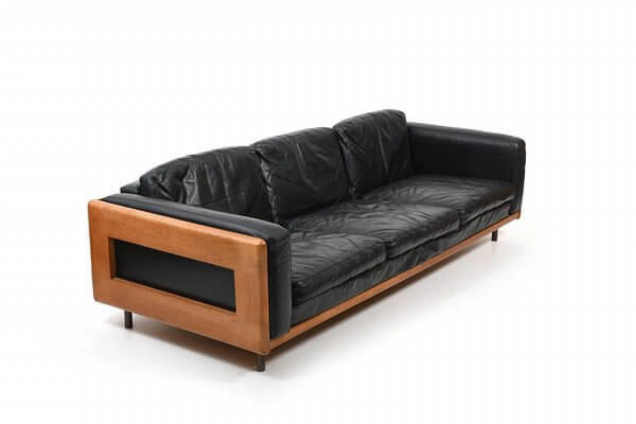 Danish solid oak and black leather sofa, 1960s 5