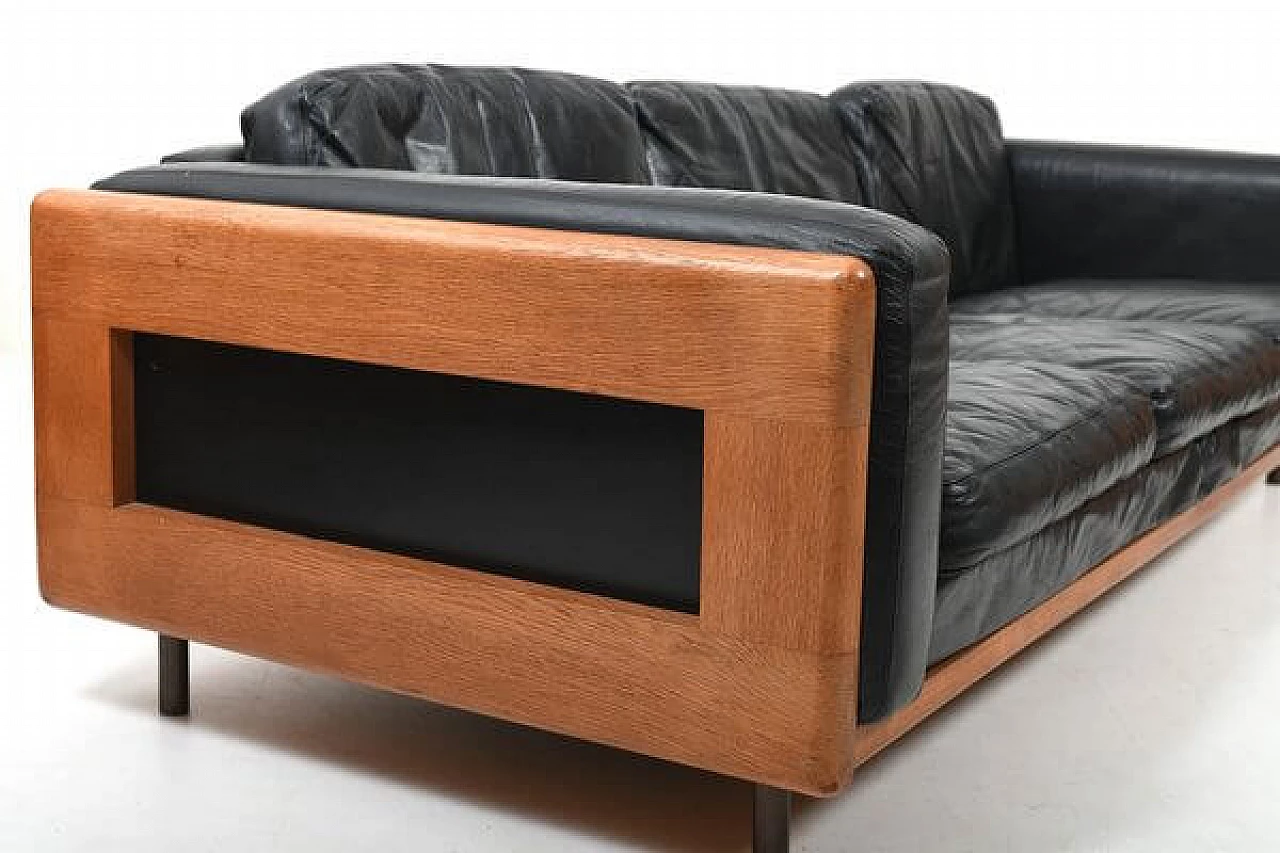 Danish solid oak and black leather sofa, 1960s 6