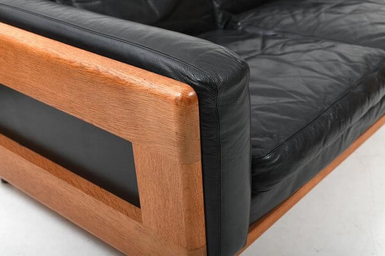 Danish solid oak and black leather sofa, 1960s 7