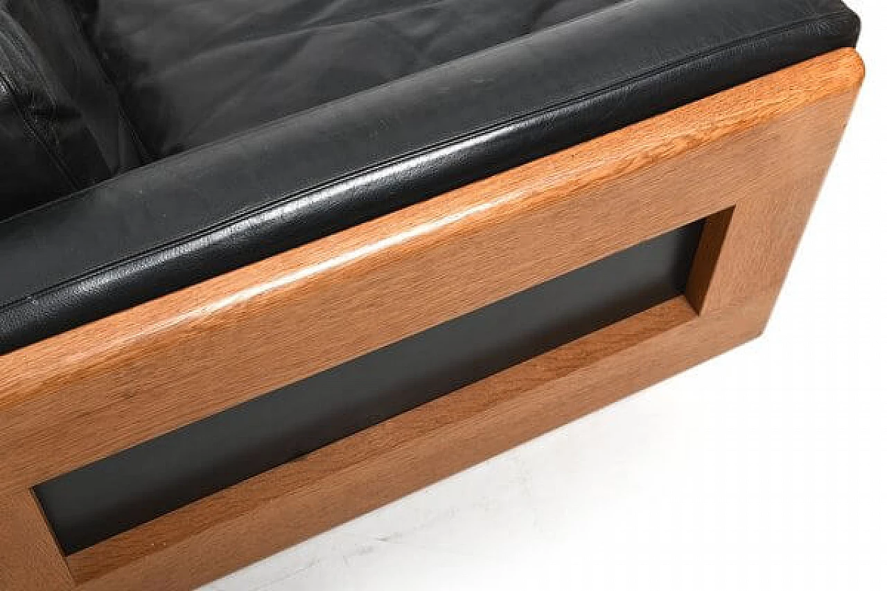 Danish solid oak and black leather sofa, 1960s 9