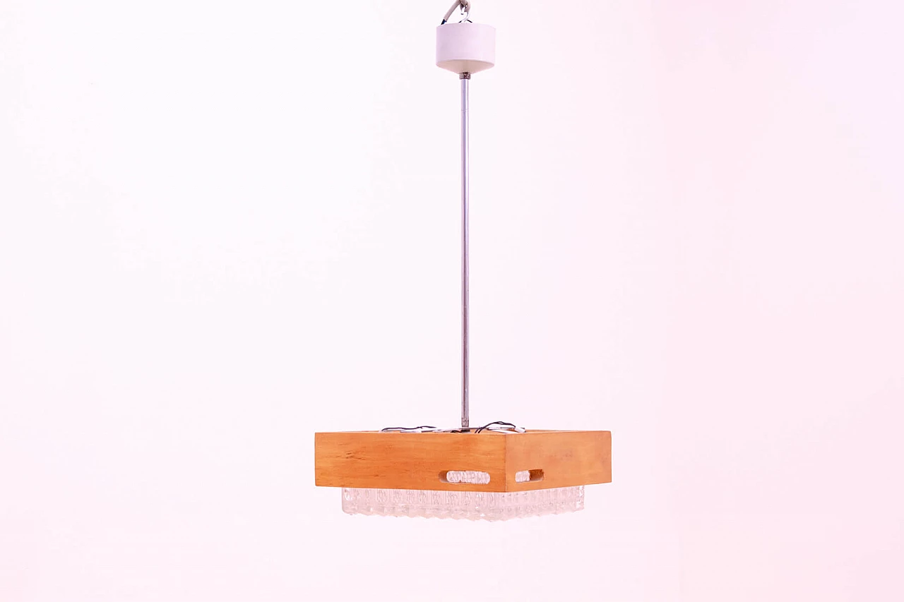 Czechoslovakian glass, chrome and wood hanging lamp, 1970s 4